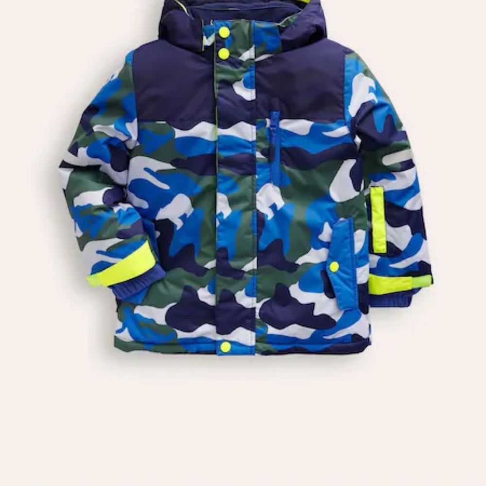 Boden Kids Blue & Green Camo Puffer Jacket with Neon Accents 3-4 Years